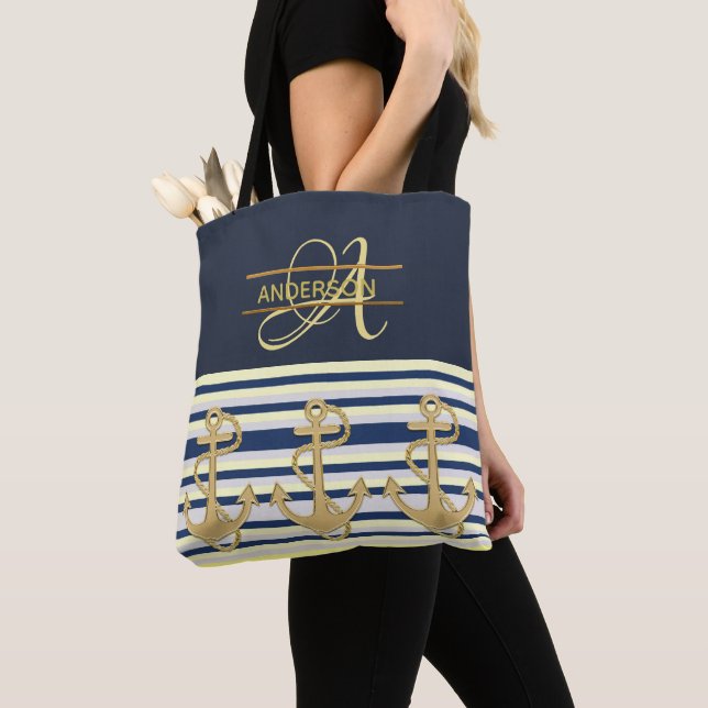 Nautical Anchor Blue Gold MONOGRAM Tote Bag (Close Up)