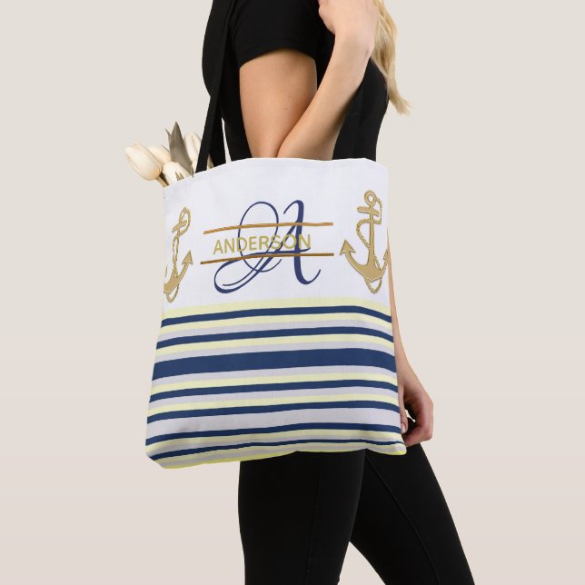 Nautical Anchor Blue Gold MONOGRAM Tote Bags (Close Up)