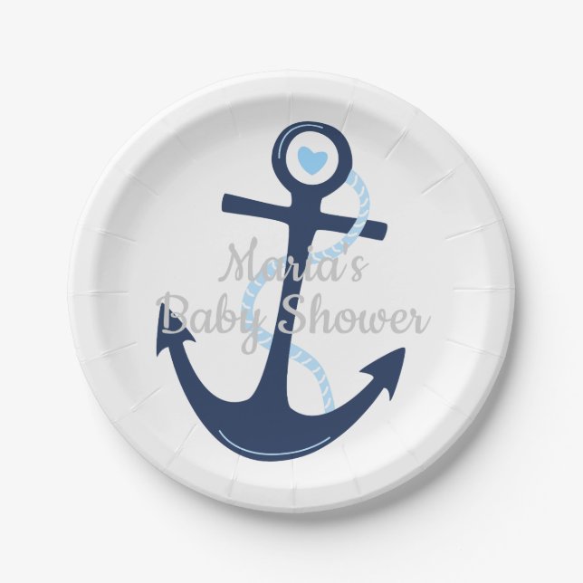 Nautical Anchor Blue Gray Boy Baby Shower Plate (Front)