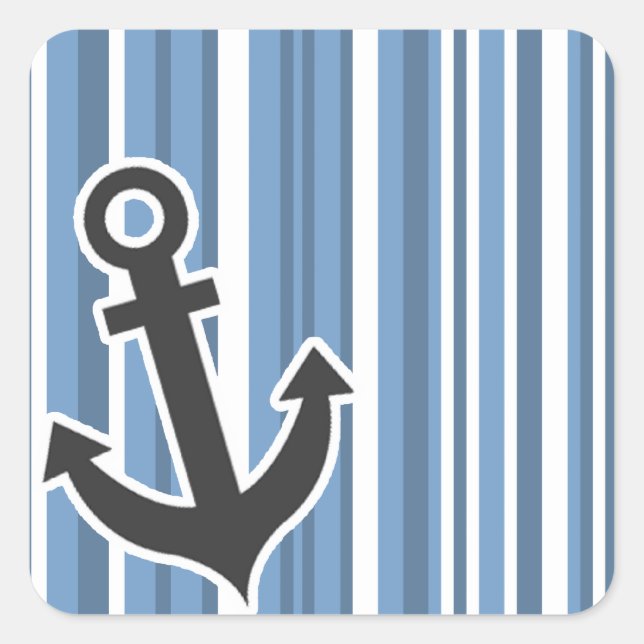 Nautical Anchor; Blue-Gray Stripes; Striped Square Sticker (Front)