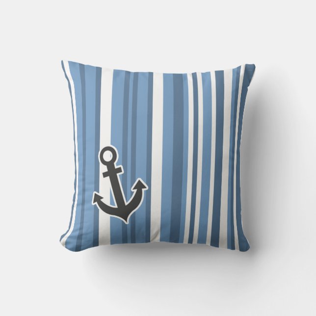 Nautical Anchor; Blue-Gray Stripes; Striped Throw Pillow (Front)