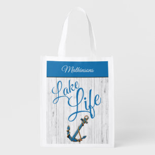 Nautical Anchor Blue Lake Life Family Monogram Grocery Bag