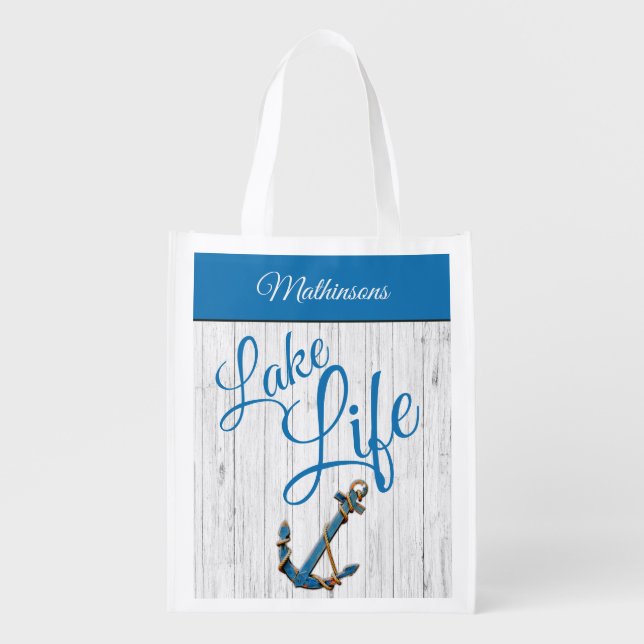 Nautical Anchor Blue Lake Life Family Monogram Grocery Bag (Front)