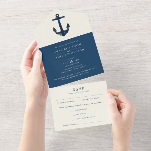 Nautical Anchor Blue Modern Coastal Wedding All In One Invitation