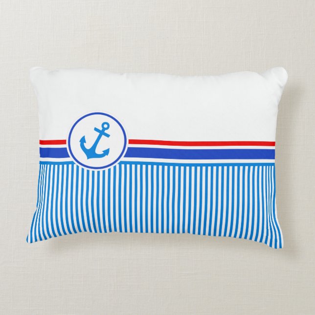 Nautical anchor blue red white stripes accent pillow (Back)
