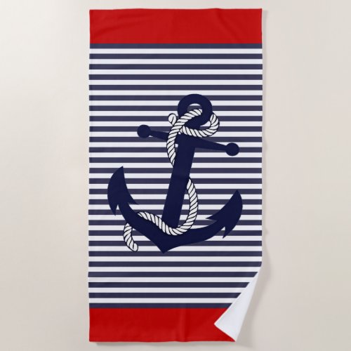 Nautical Anchor Blue Red White Stripes Pattern Beach Towel