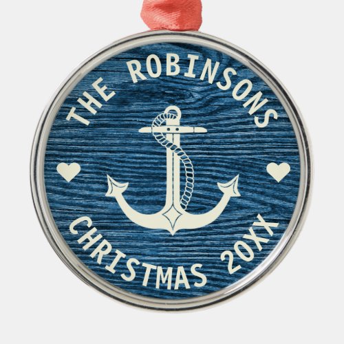 Nautical Anchor Blue Rustic Family Name Christmas Metal Ornament