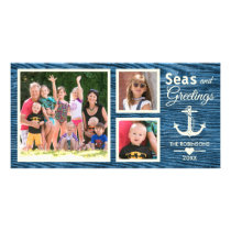 Nautical Anchor Blue Rustic Wood Christmas Photo Card