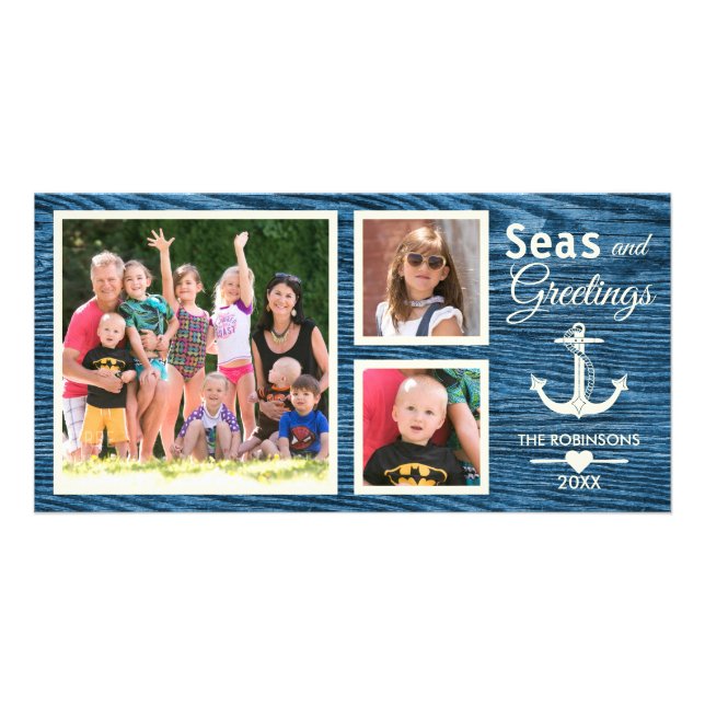 Nautical Anchor Blue Rustic Wood Christmas Photo Card (Front)