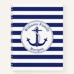 Nautical Anchor Blue Stripe Family Monogram Recipe Notebook