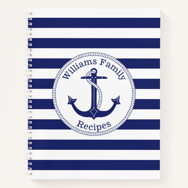 Nautical Anchor Blue Stripe Family Monogram Recipe Notebook (Front)