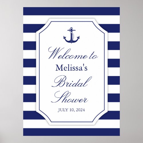 Nautical Anchor Blue Stripe Large Bridal Shower  Poster