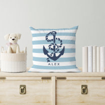 Nautical Anchor & Blue Stripe Personalized Throw Pillow