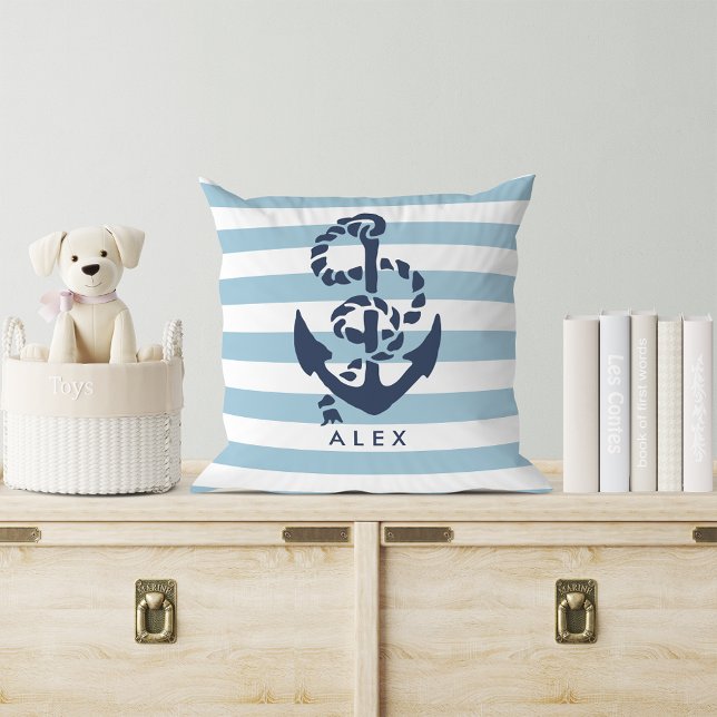 Nautical Anchor & Blue Stripe Personalized Throw Pillow (Creator Uploaded)