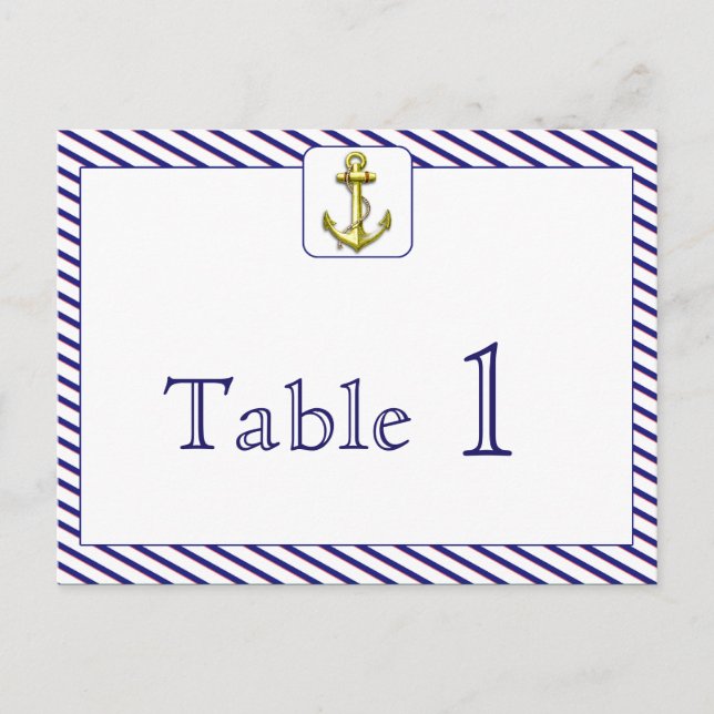 Nautical Anchor Blue Stripe Wedding Table Number (Front)