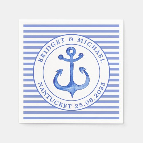 Nautical Anchor Blue Striped Personalized Wedding Paper Napkins
