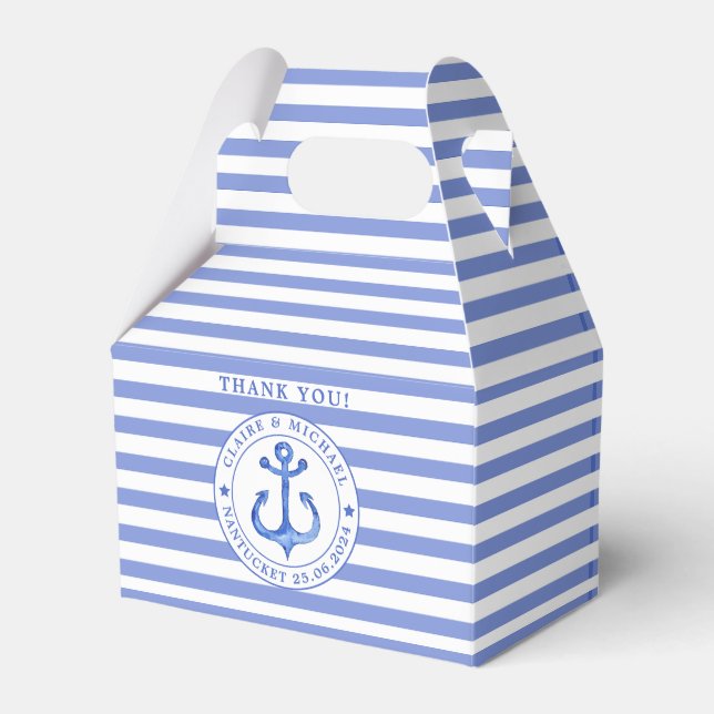 Nautical Anchor Blue Striped Thank You Wedding Favor Boxes (Front Side)