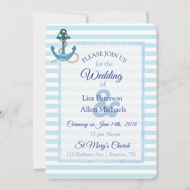 Nautical Anchor Blue Striped Wedding Invitation (Front)