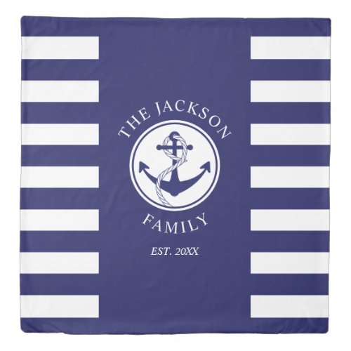 Nautical Anchor Blue Stripes Pattern Family Name Duvet Cover