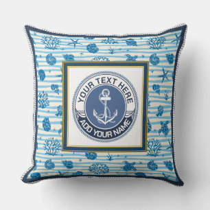 Nautical Anchor Blue Stripes Seashells Custom Name Throw Pillow