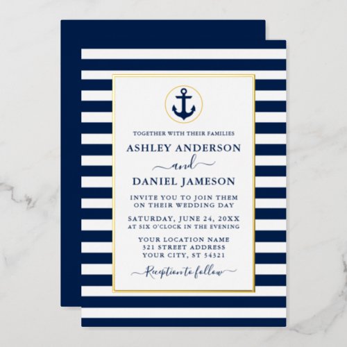Nautical Anchor Blue Stripes Wedding Gold Foil Invitation