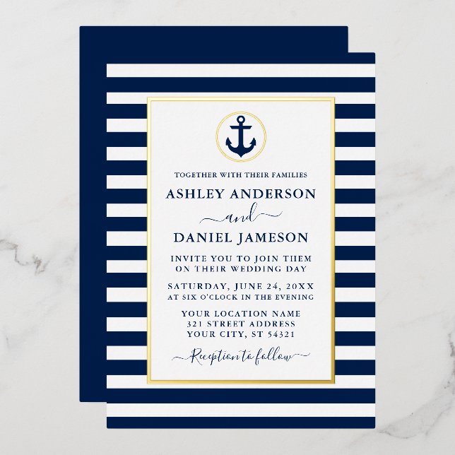 Nautical Anchor Blue Stripes Wedding Gold Foil Invitation (Front/Back)