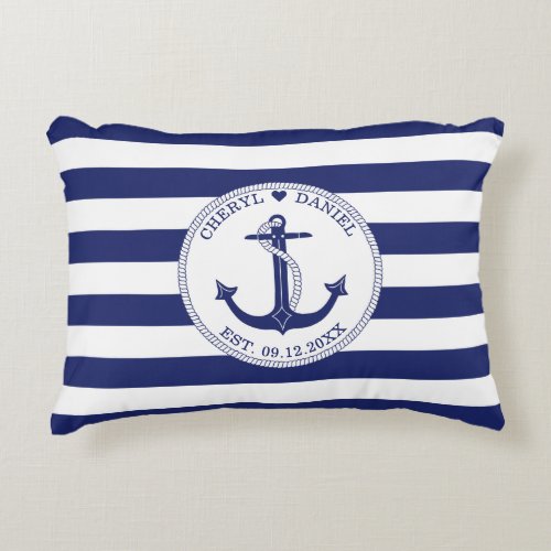Nautical Anchor Blue Stripes Wedding Keepsake Accent Pillow