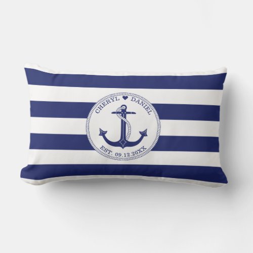 Nautical Anchor Blue Stripes Wedding Keepsake Lumbar Pillow