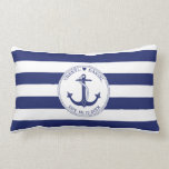 Nautical Anchor Blue Stripes Wedding Keepsake Lumbar Pillow<br><div class="desc">The perfect gift for newlyweds this nautical themed lumbar throw pillow has a navy blue anchor with a circular rope border. The bride's and groom's first names are above the anchor in circular typography and the wedding date below for you to personalize The background is navy blue and white stripes....</div>