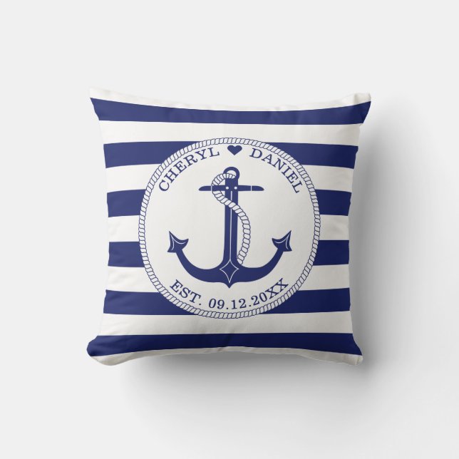 Nautical Anchor Blue Stripes Wedding Keepsake Throw Pillow (Front)