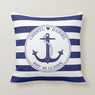 Nautical Anchor Blue Stripes Wedding Keepsake Throw Pillow