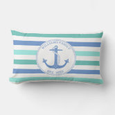 Nautical Anchor Seafoam Stripe Family Monogram Accent Pillow