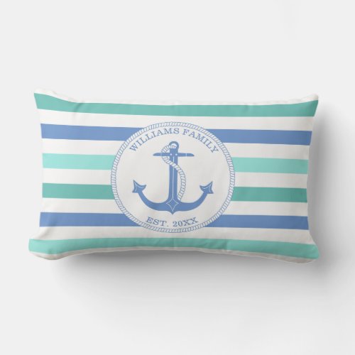 Nautical Anchor Blue Teal Stripe Family Monogram Lumbar Pillow