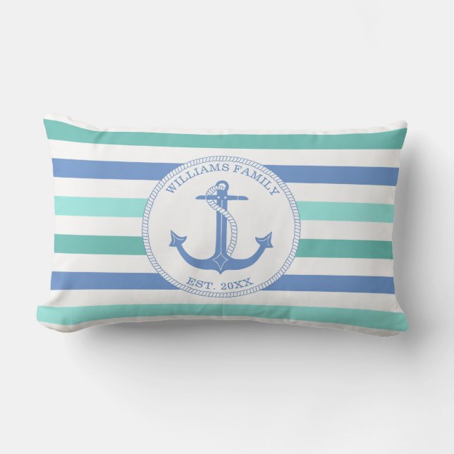 Nautical Anchor Blue Teal Stripe Family Monogram Lumbar Pillow (Front)