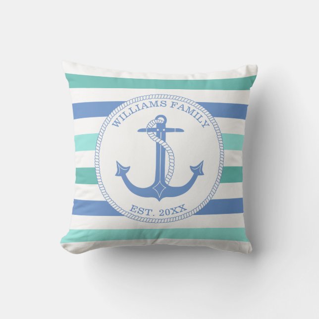 Nautical Anchor Blue Teal Stripe Family Monogram Throw Pillow (Front)
