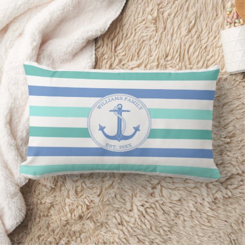 Nautical Anchor Blue Teal Stripe Family Name Lumbar Pillow