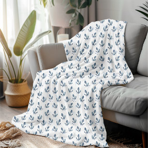 Nautical Anchor Blue Watercolor Pattern Fleece Blanket