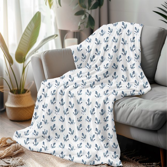 Nautical Anchor Blue Watercolor Pattern Fleece Blanket (Creator Uploaded)