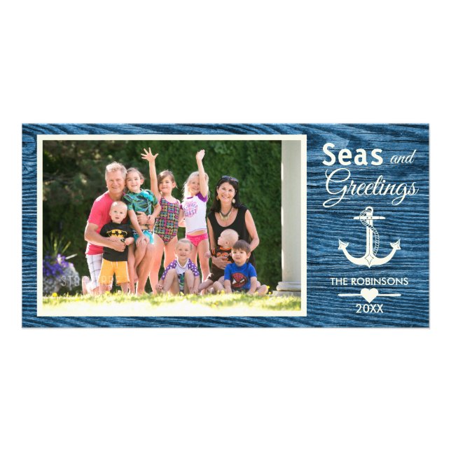 Nautical Anchor Blue Weathered Wood  Holiday Photo Card (Front)