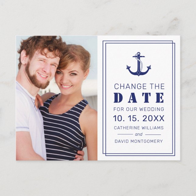 Nautical Anchor Blue Wedding Change the Date Announcement Postcard (Front)