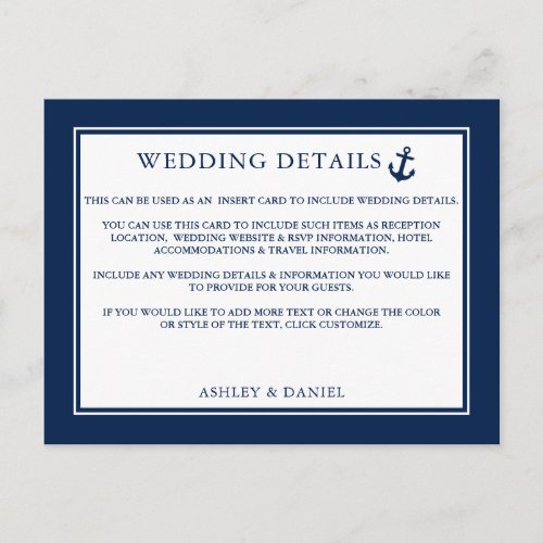 Nautical Anchor Blue Wedding Details Insert Card