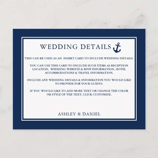 Nautical Anchor Blue Wedding Details Insert Card (Front)