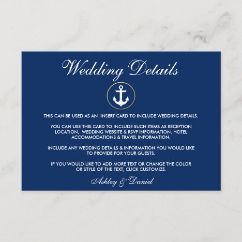 Nautical Anchor Blue Wedding Details Insert Card