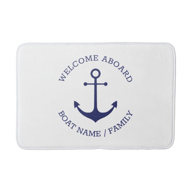 Nautical anchor blue white custom welcome aboard bath mat (Front)