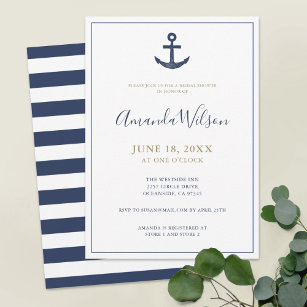 Nautical Anchor Blue White Gold Bridal Shower Invitation