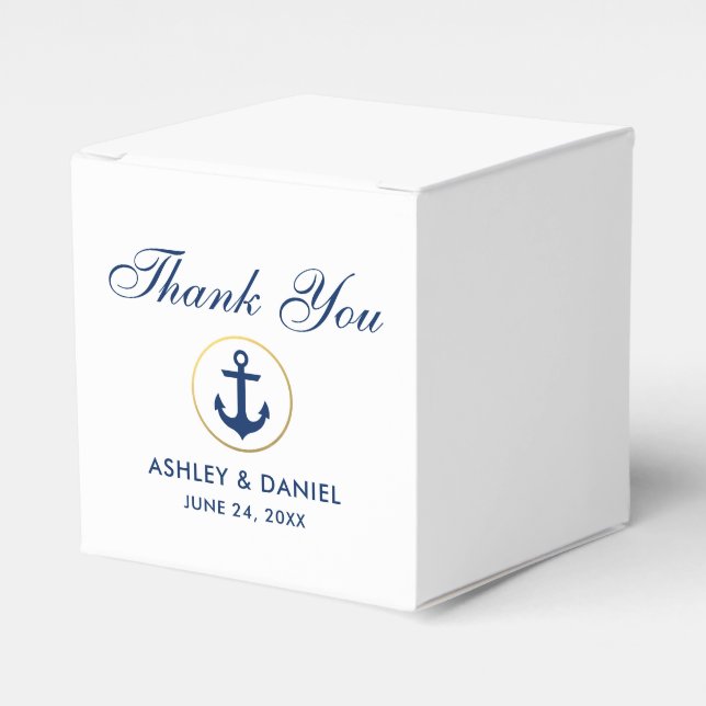 Nautical Anchor Blue  White Gold Wedding Thank You Favor Boxes (Front Side)