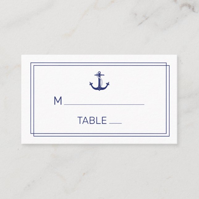 Nautical Anchor Blue White Minimalist Wedding Place Card (Front)