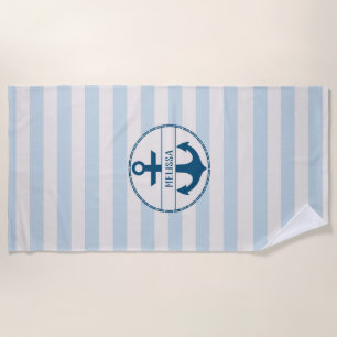 Nautical Anchor Blue White Personalized Beach Towel