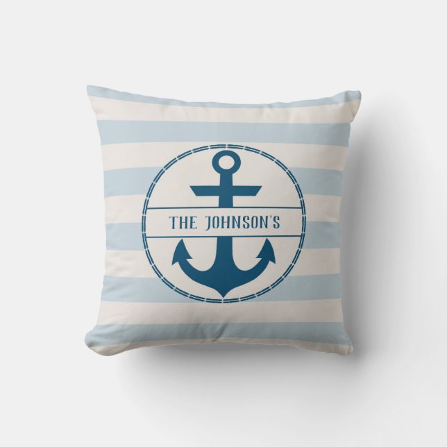 Nautical Anchor Blue White Personalized Throw Pillow (Front)
