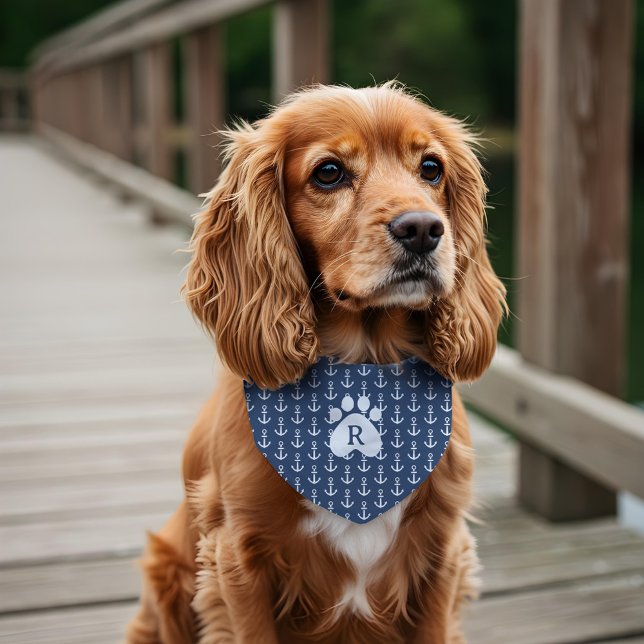 Nautical Anchor Blue White Pet Paw Print Monogram Bandana Collar (Nautical Anchor Blue White Pet Paw Print Monogram Pet Bandana Collar)